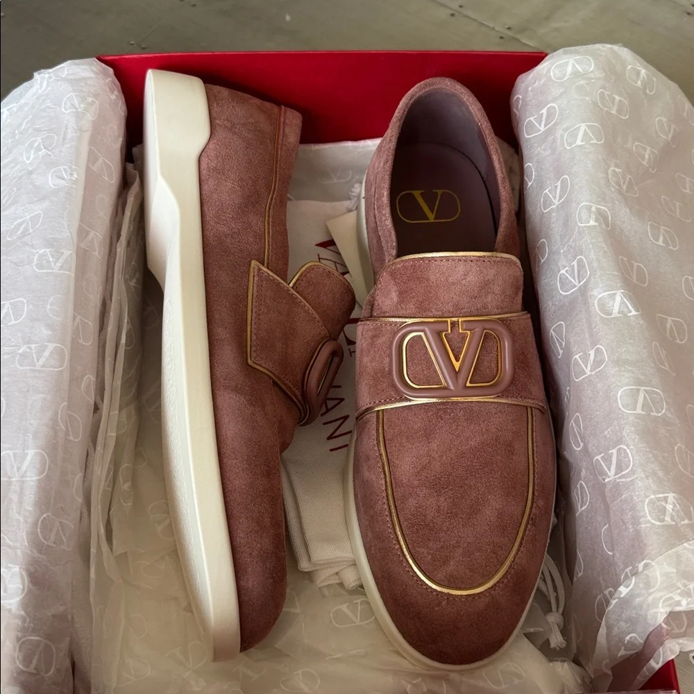 Valentino garavani brown suede gold lining loafer moccasin flats sz 39
